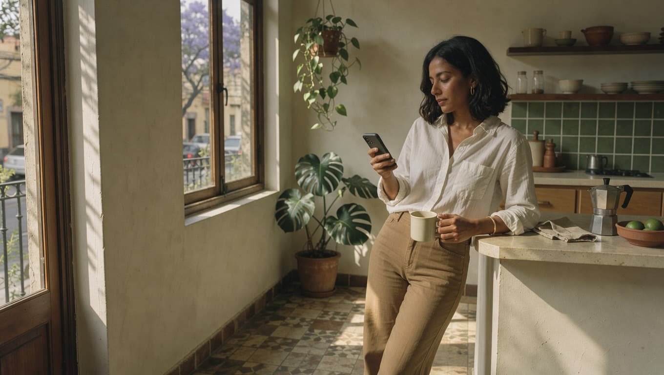 Freelancer en su cocina en la Ciudad de México revisando su celular con un café en la mano