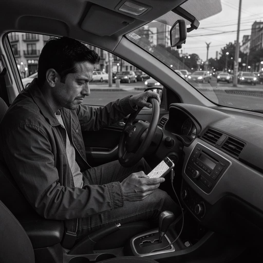 Conductor revisando su celular dentro de su coche